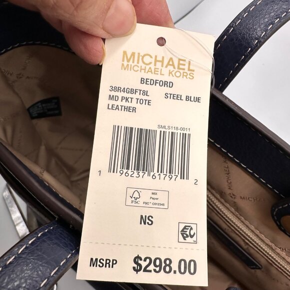 Michael Kors Logo Navy Blue Leather Tote Bag Purse | Dual Handles Front Pockets - Picture 9 of 15